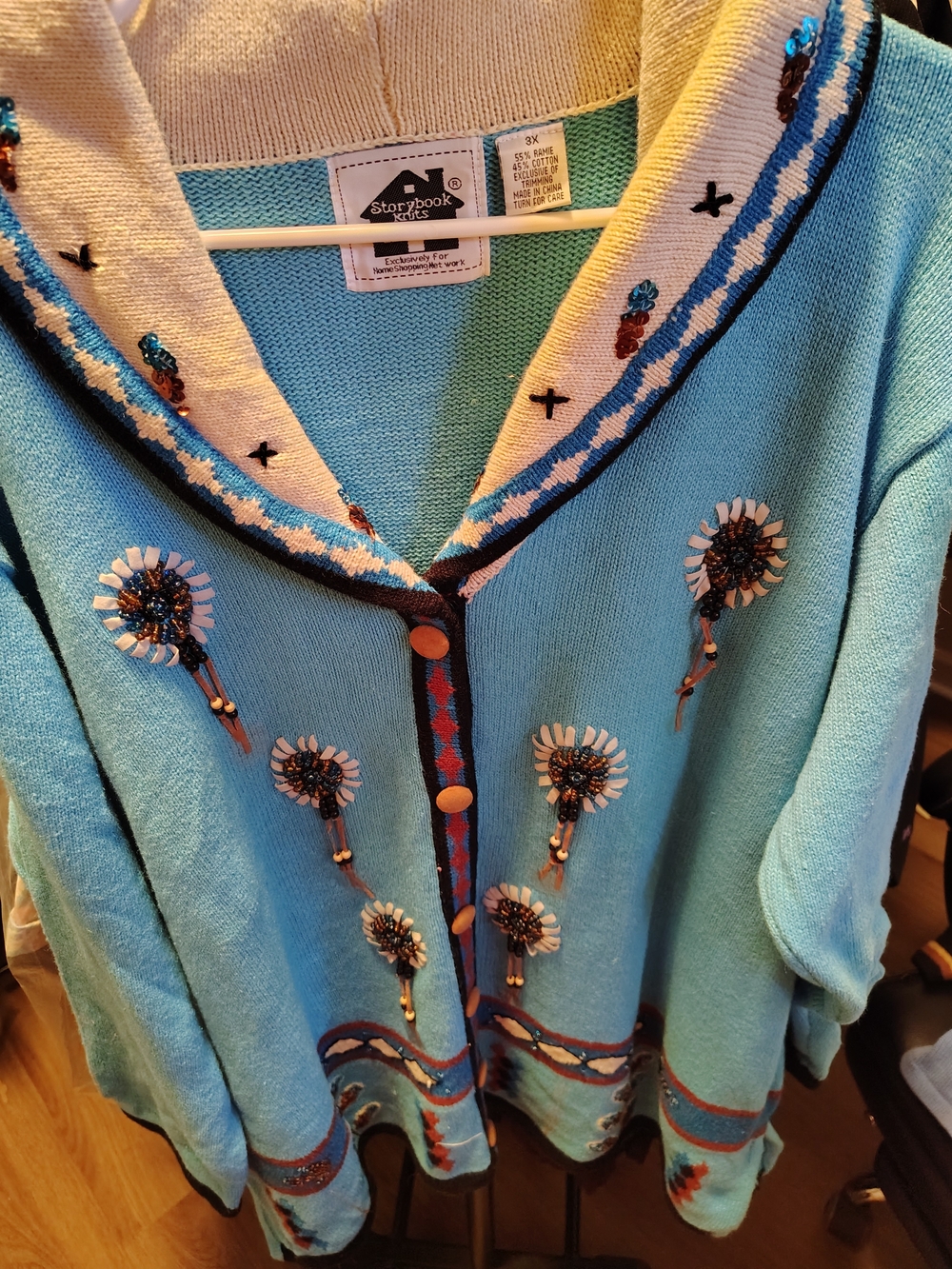 Storybook Knits Embroidered Beaded Cardigan in Blue & Cream